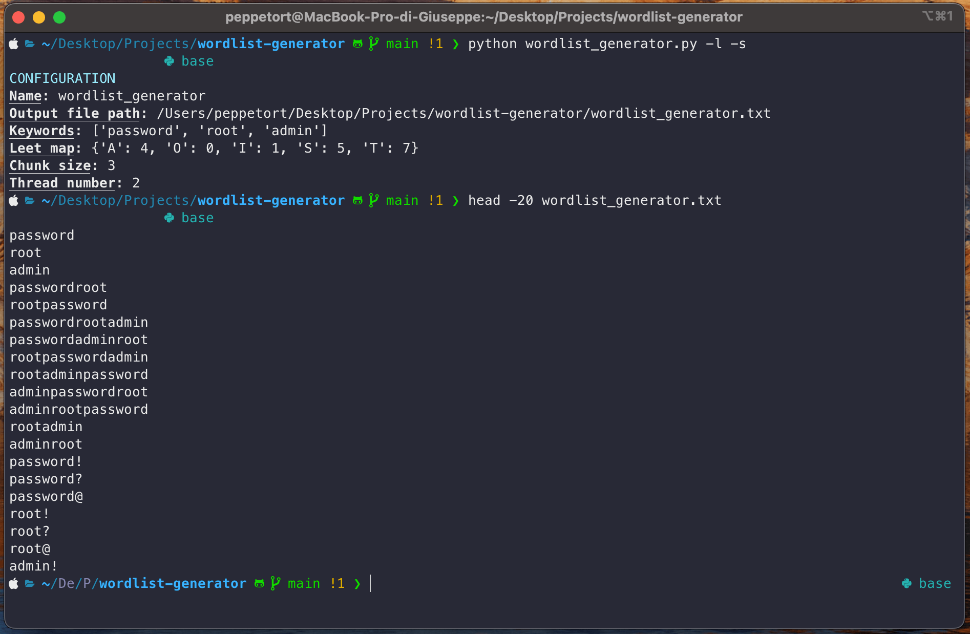 Terminal screenshot showing generated wordlist from keywords